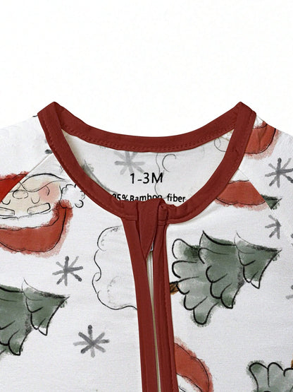 Bamboo Fiber Zip Footed Newborn Romper, Sketch Santa Xmas Tree Snowflake Print Slim Long Sleeve Jumpsuit, All Season Baby Boys Christmas Outdoor Gift