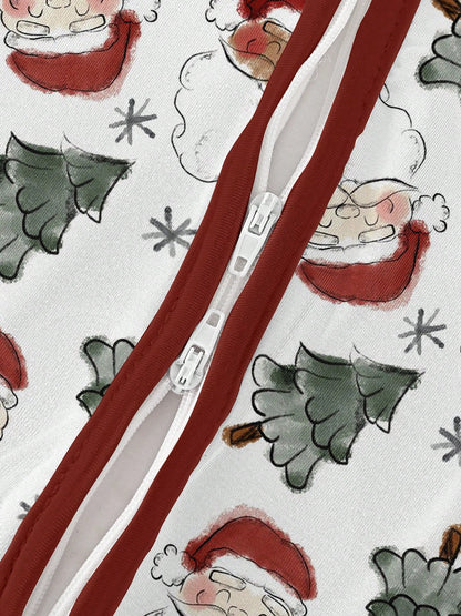 Bamboo Fiber Zip Footed Newborn Romper, Sketch Santa Xmas Tree Snowflake Print Slim Long Sleeve Jumpsuit, All Season Baby Boys Christmas Outdoor Gift