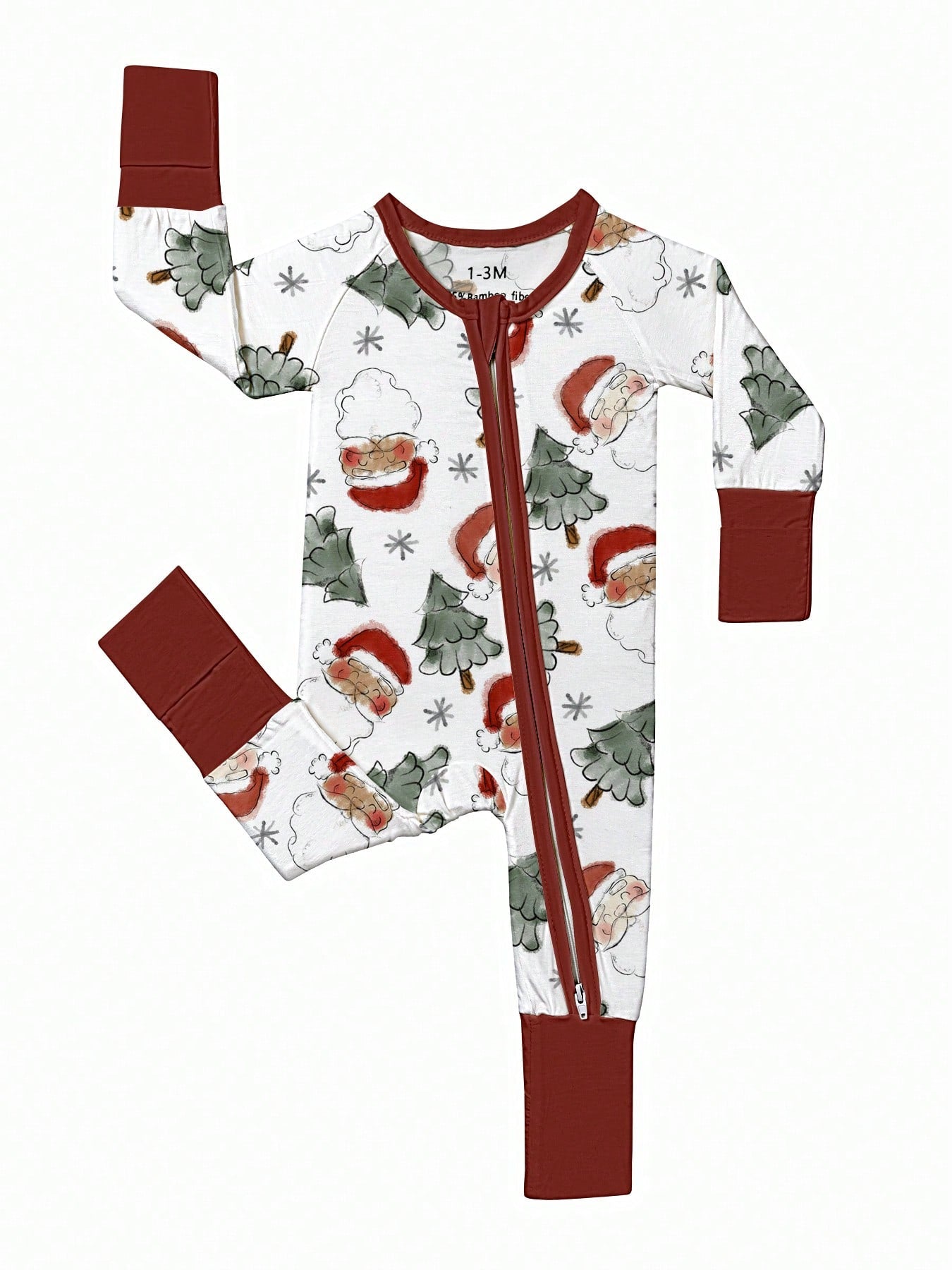 Bamboo Fiber Zip Footed Newborn Romper, Sketch Santa Xmas Tree Snowflake Print Slim Long Sleeve Jumpsuit, All Season Baby Boys Christmas Outdoor Gift