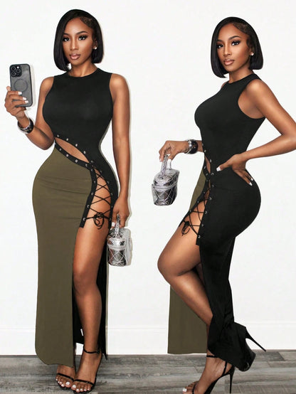 BamGlam Women's Sleeveless Cut Out Criss Cross Tie Strap Dress