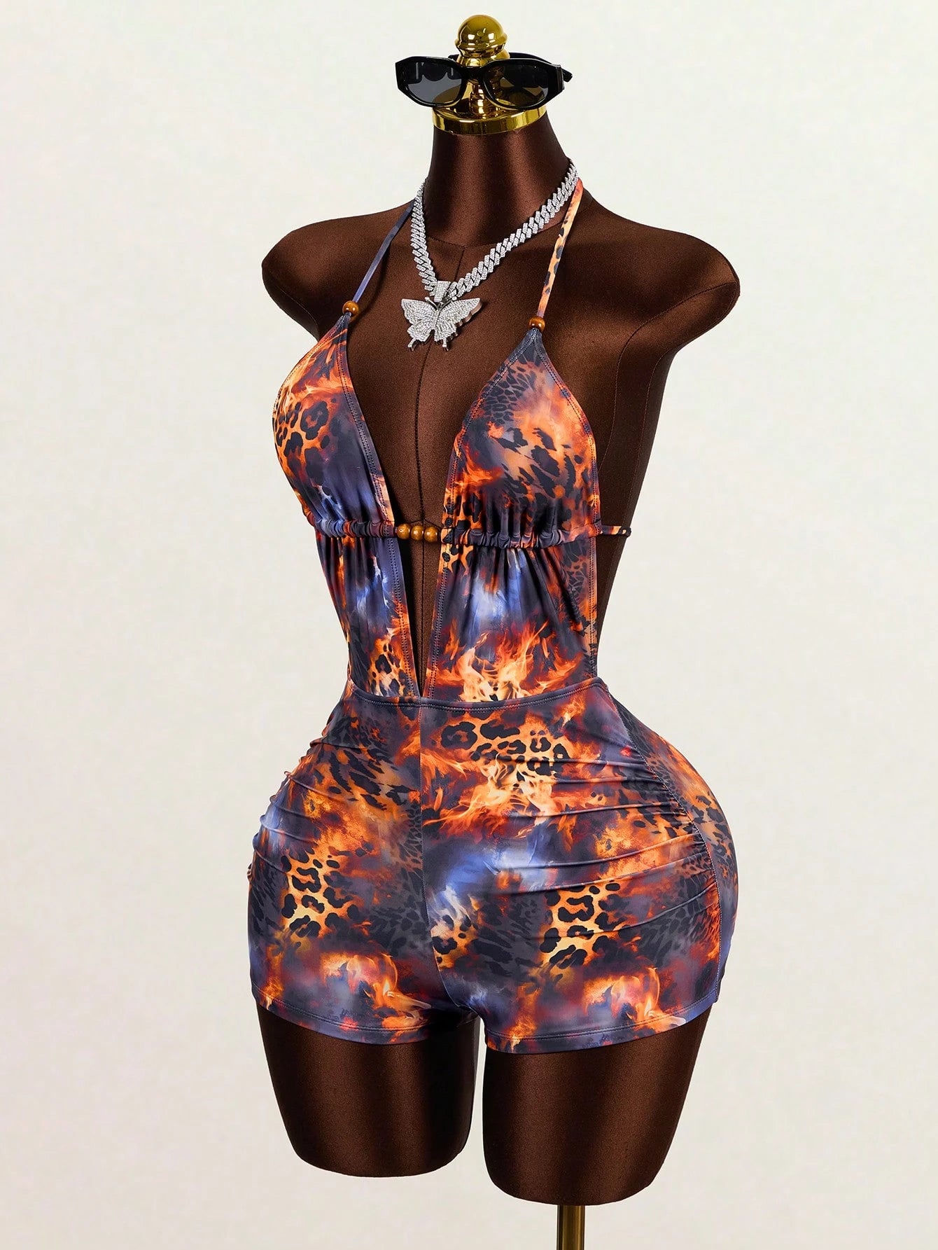 BamGlam Women's Vintage Tie-Dye Abstract Leopard Print Random Pattern Deep V-Neck Beaded Decor Tie-Back Open Back One-Piece Swimsuit, Suitable For Beach, Vacation, Casual, Party And Other Occasi