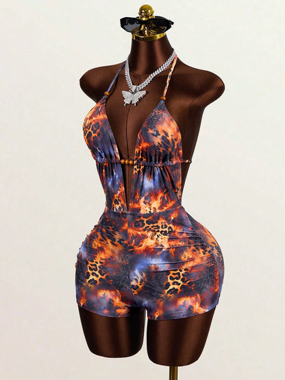 BamGlam Women's Vintage Tie-Dye Abstract Leopard Print Random Pattern Deep V-Neck Beaded Decor Tie-Back Open Back One-Piece Swimsuit, Suitable For Beach, Vacation, Casual, Party And Other Occasi
