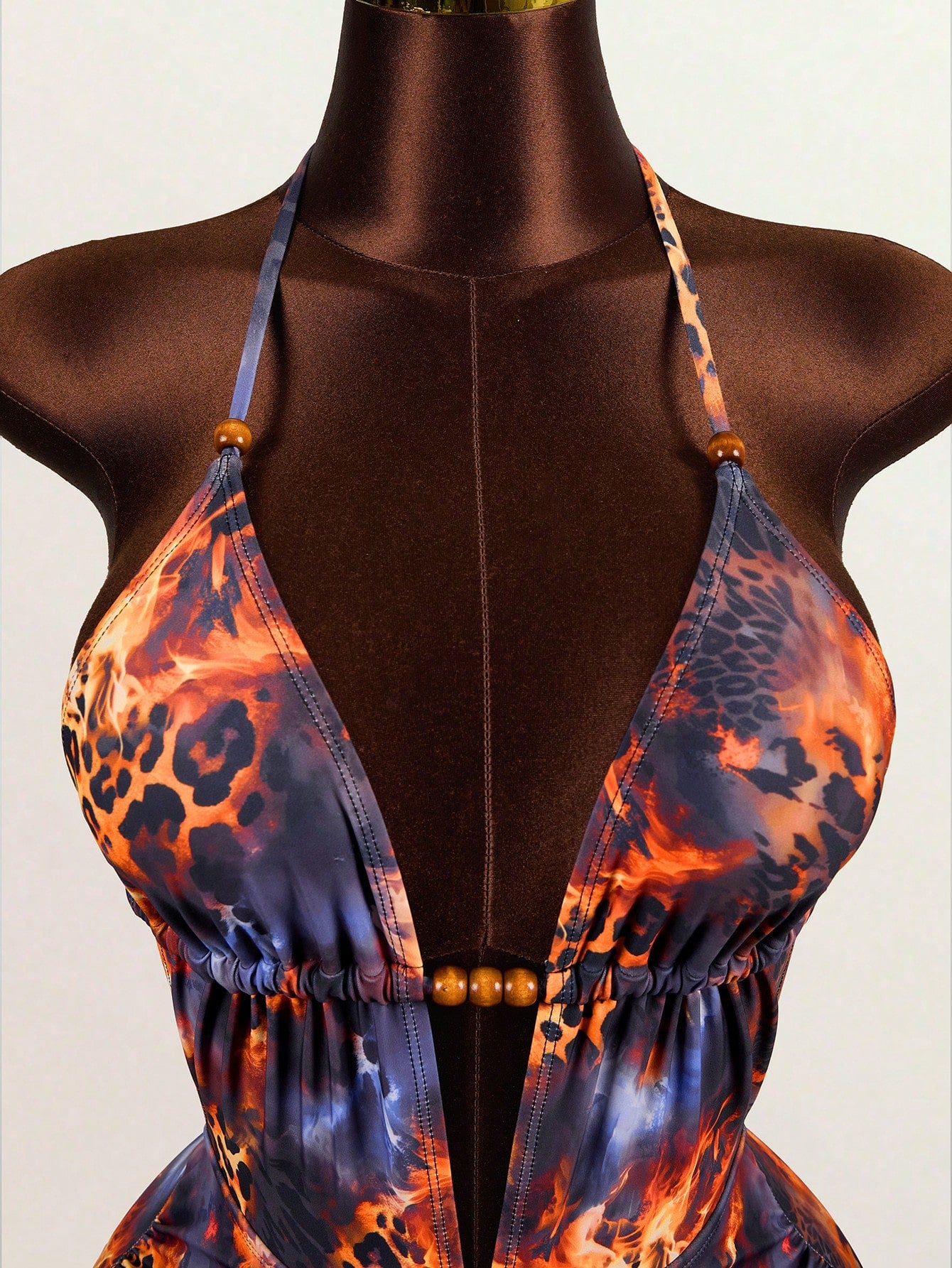 BamGlam Women's Vintage Tie-Dye Abstract Leopard Print Random Pattern Deep V-Neck Beaded Decor Tie-Back Open Back One-Piece Swimsuit, Suitable For Beach, Vacation, Casual, Party And Other Occasi