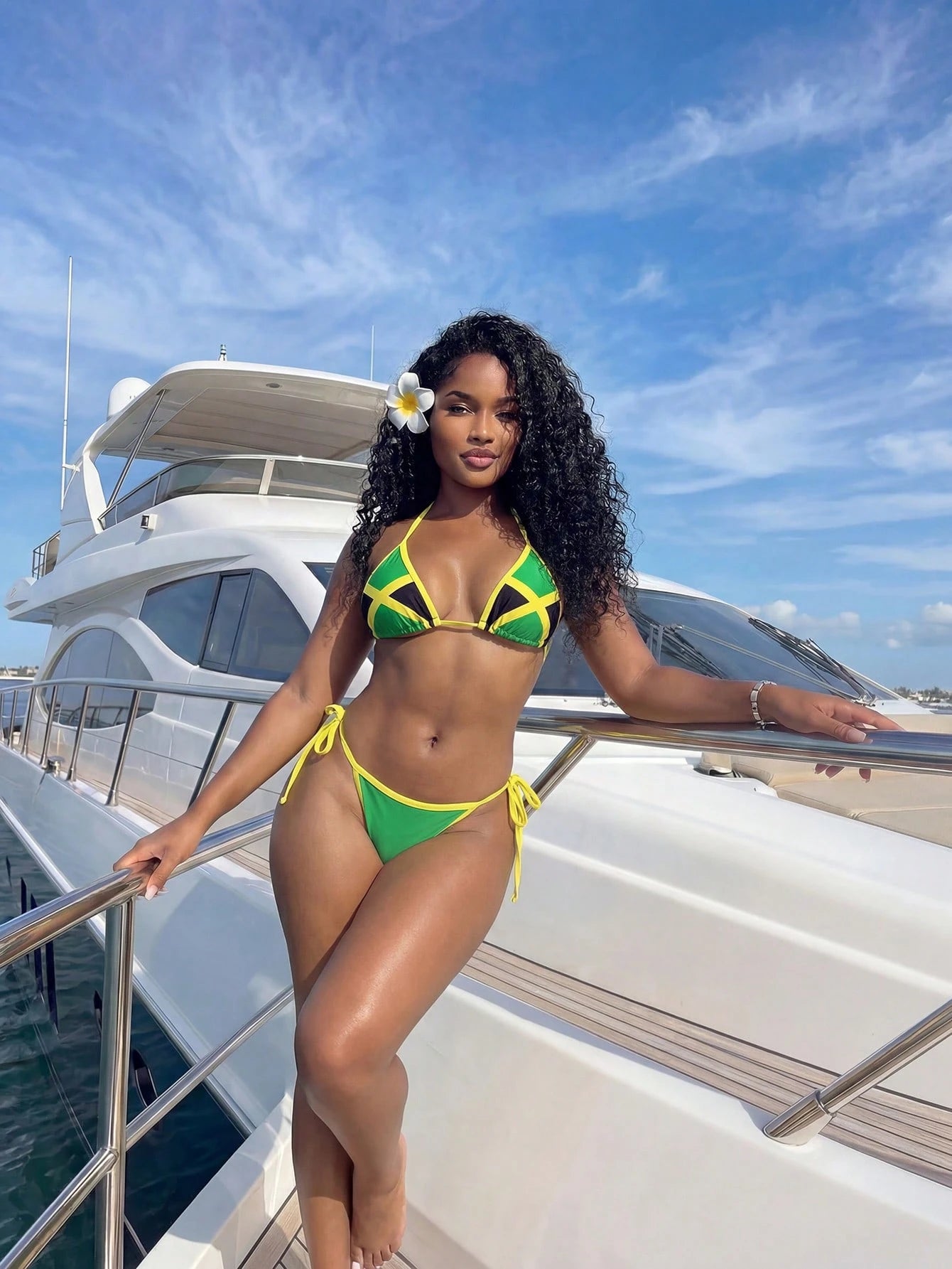 BamGleam 2pcs/Set Women's Jamaican Flag Bikini, Backless Triangle Tie Side Swimwear, Green, Summer, Casual Tropical, Beach Vacation, Holiday, Vacation