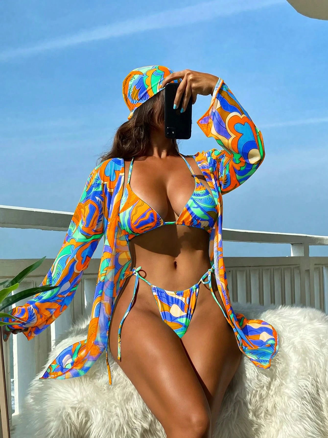 BamGleam Bathing Suits Women Summer Beach Allover Print Halter Triangle Bikini Set With Kimono