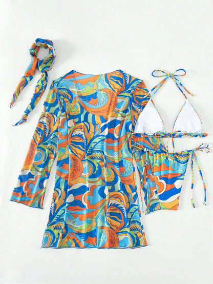 BamGleam Bathing Suits Women Summer Beach Allover Print Halter Triangle Bikini Set With Kimono