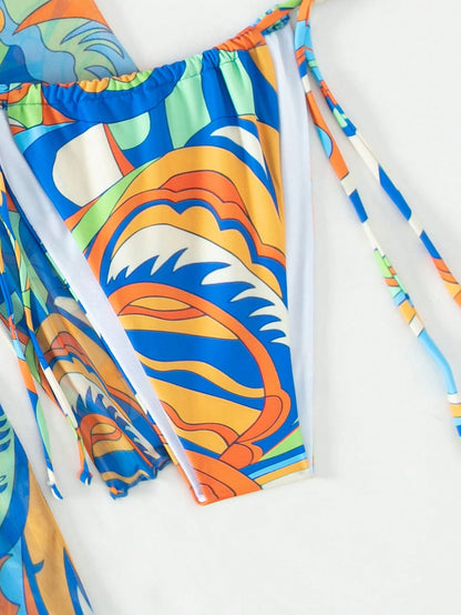 BamGleam Bathing Suits Women Summer Beach Allover Print Halter Triangle Bikini Set With Kimono