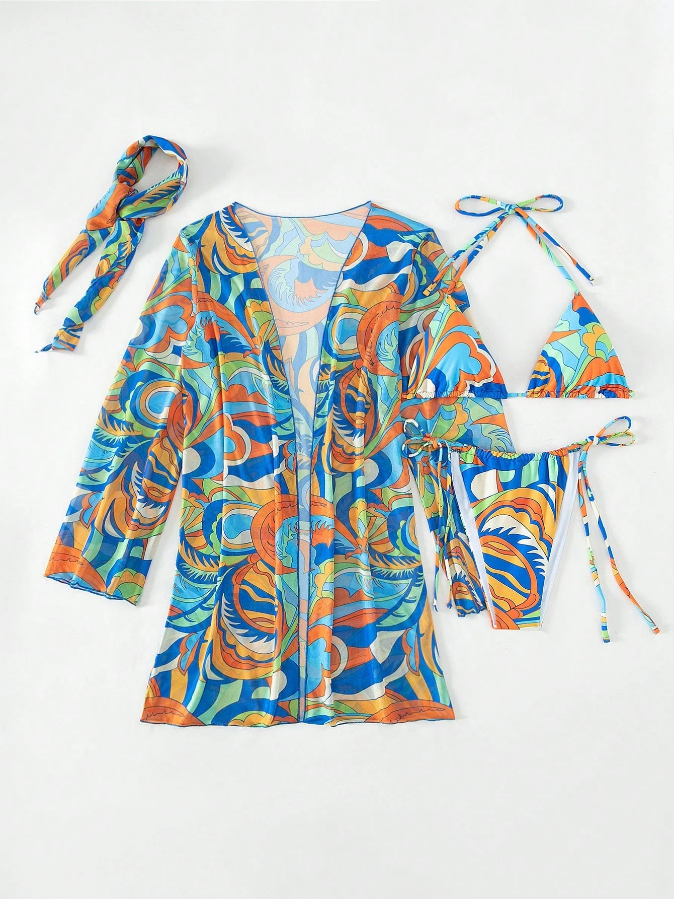 BamGleam Bathing Suits Women Summer Beach Allover Print Halter Triangle Bikini Set With Kimono