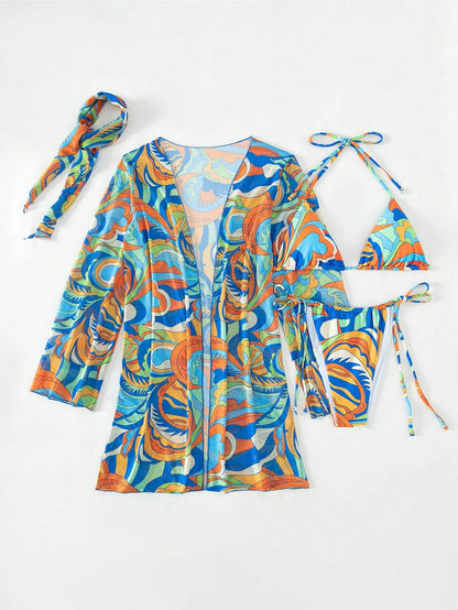 BamGleam Bathing Suits Women Summer Beach Allover Print Halter Triangle Bikini Set With Kimono