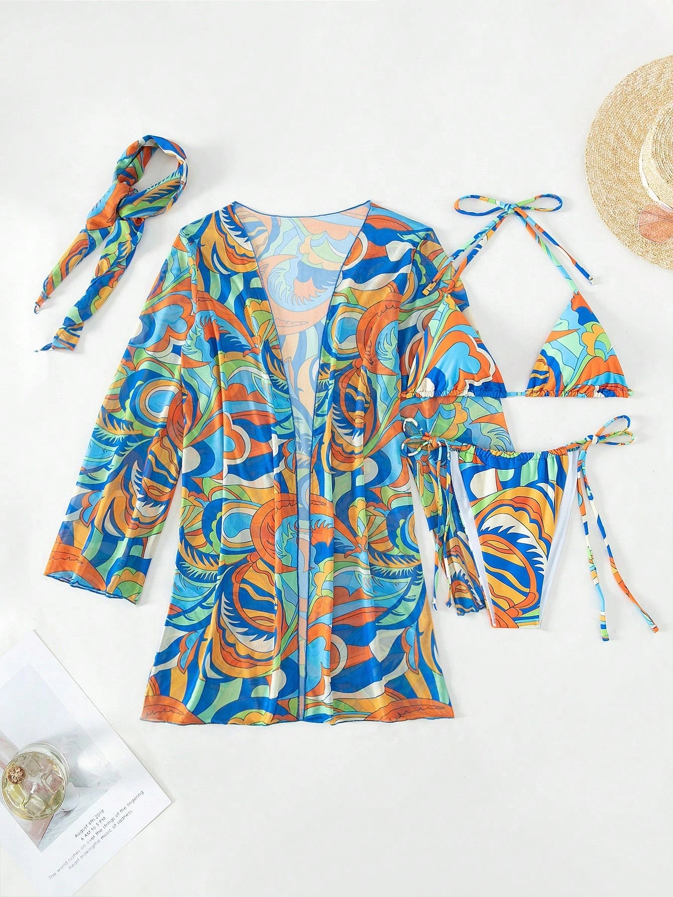 BamGleam Bathing Suits Women Summer Beach Allover Print Halter Triangle Bikini Set With Kimono