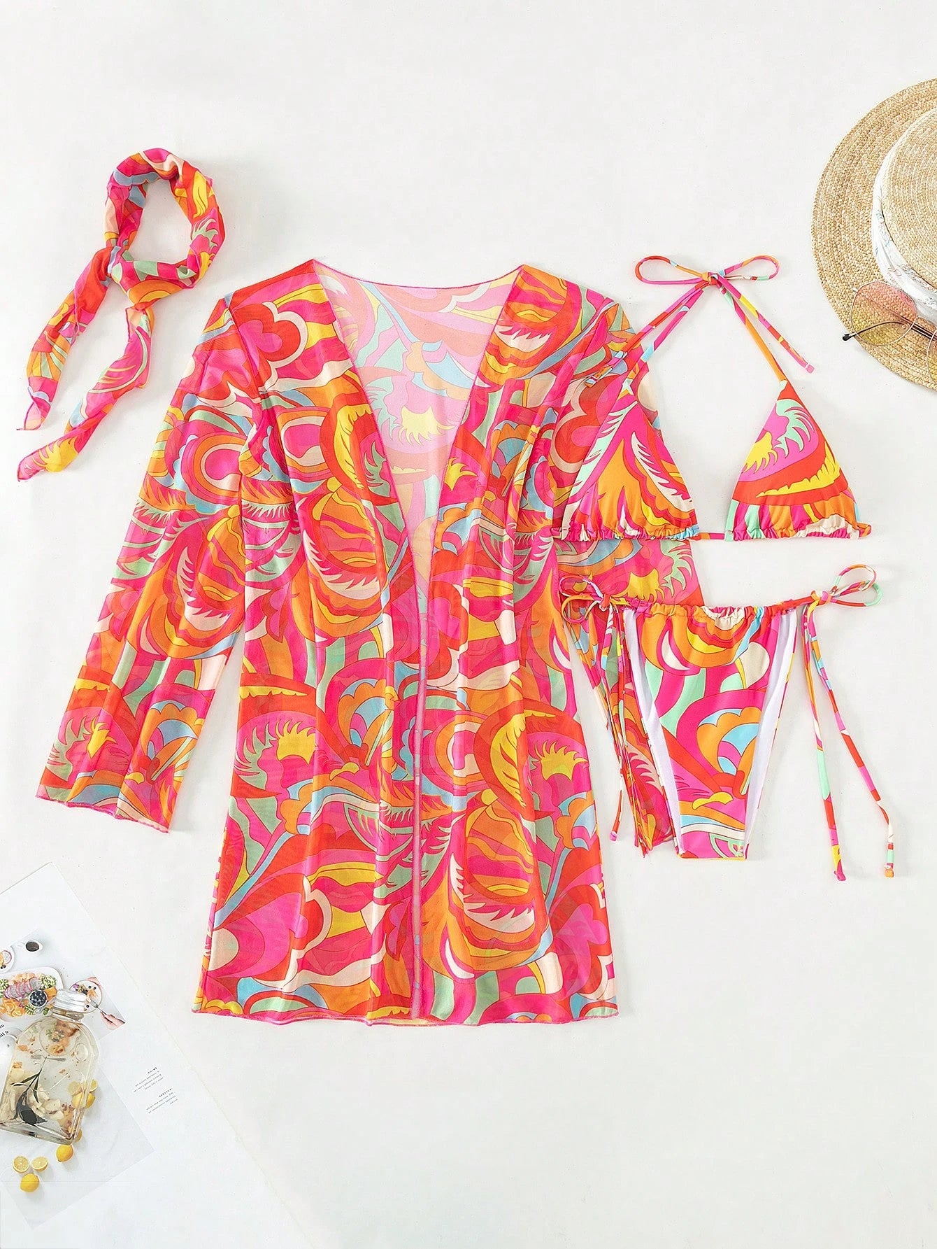 BamGleam Bathing Suits Women Summer Beach Allover Print Halter Triangle Bikini Set With Kimono