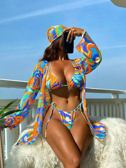 BamGleam Bathing Suits Women Summer Beach Allover Print Halter Triangle Bikini Set With Kimono