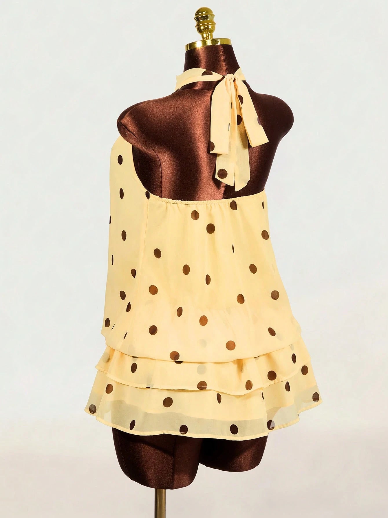 BamGleam Gentle Style Cream Polka Dot Chiffon Halter Neck Sleeveless Cold-Shoulder Layered Ruffle Loose Flattering Vintage Dress