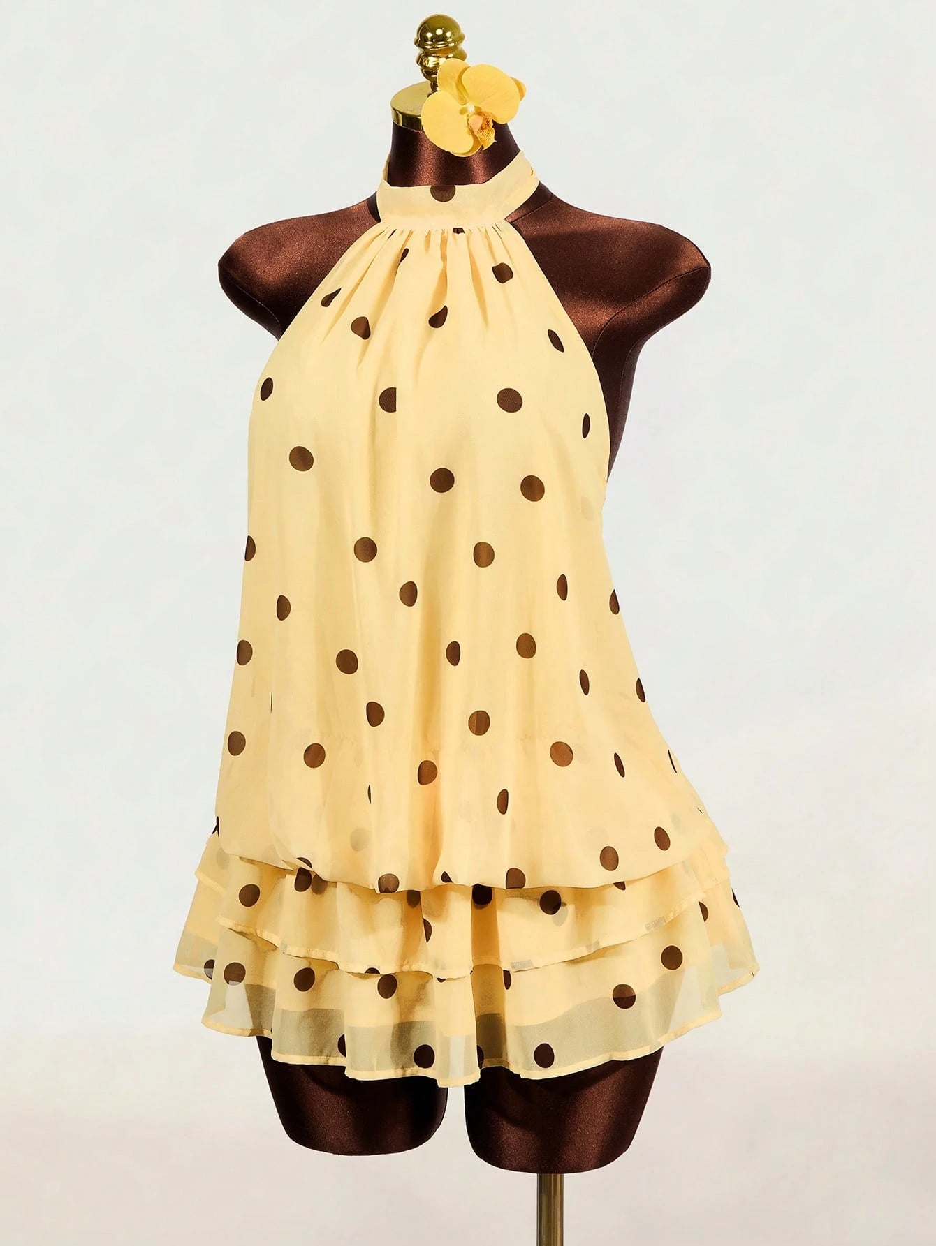 BamGleam Gentle Style Cream Polka Dot Chiffon Halter Neck Sleeveless Cold-Shoulder Layered Ruffle Loose Flattering Vintage Dress