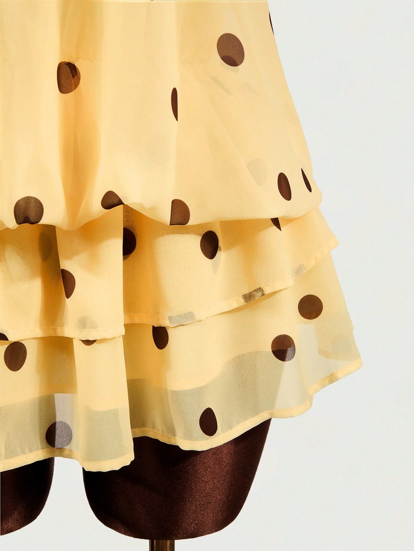 BamGleam Gentle Style Cream Polka Dot Chiffon Halter Neck Sleeveless Cold-Shoulder Layered Ruffle Loose Flattering Vintage Dress