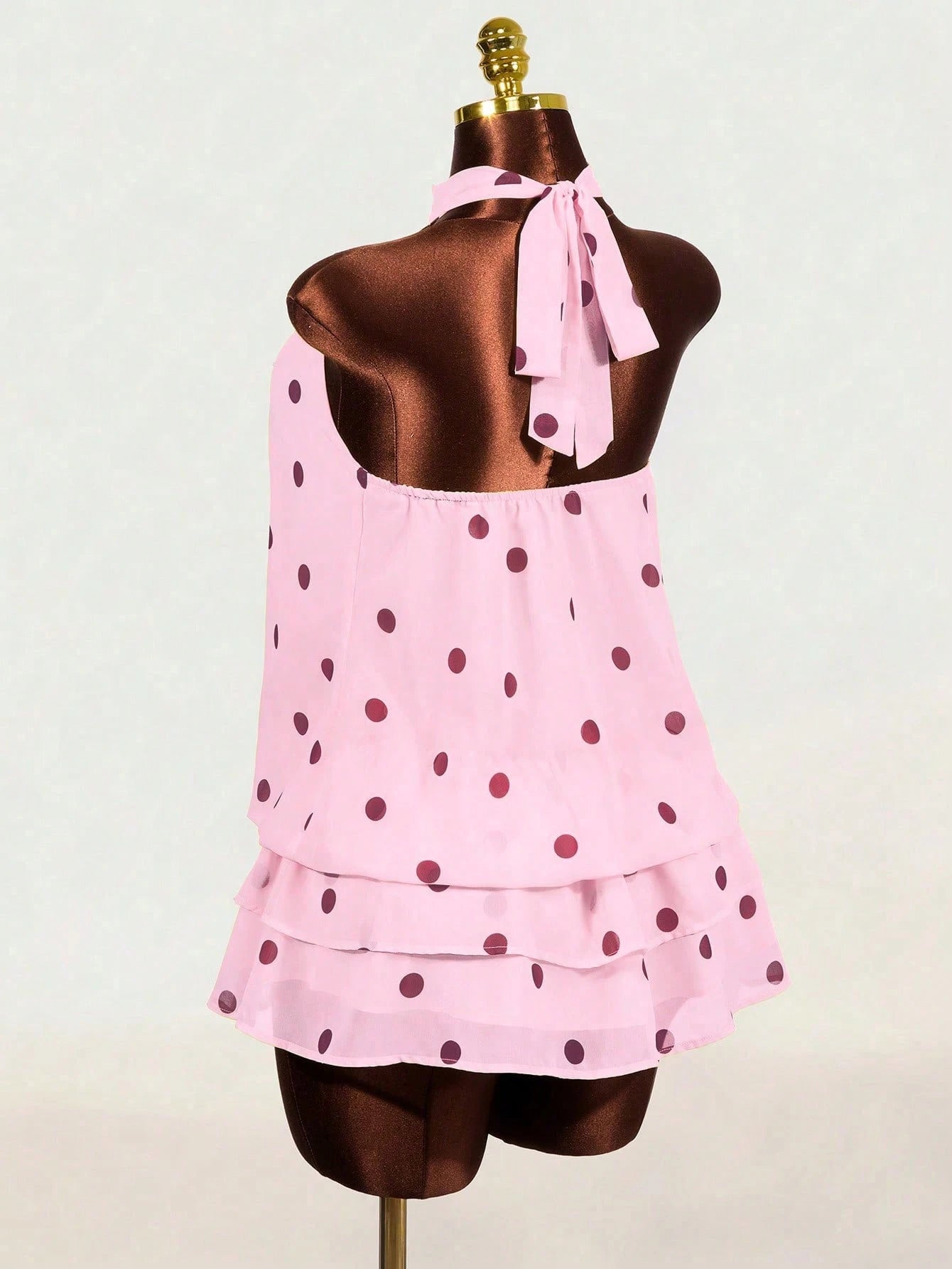BamGleam Gentle Style Cream Polka Dot Chiffon Halter Neck Sleeveless Cold-Shoulder Layered Ruffle Loose Flattering Vintage Dress