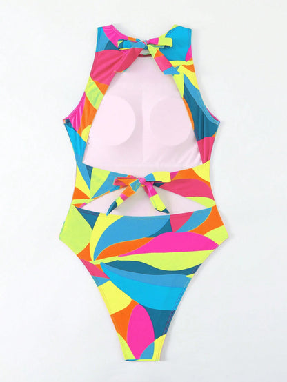 BamGleam Summer Beach Women One-Piece Beachwear Swimsuit With Random Printed Pattern, Backless And Tie Straps