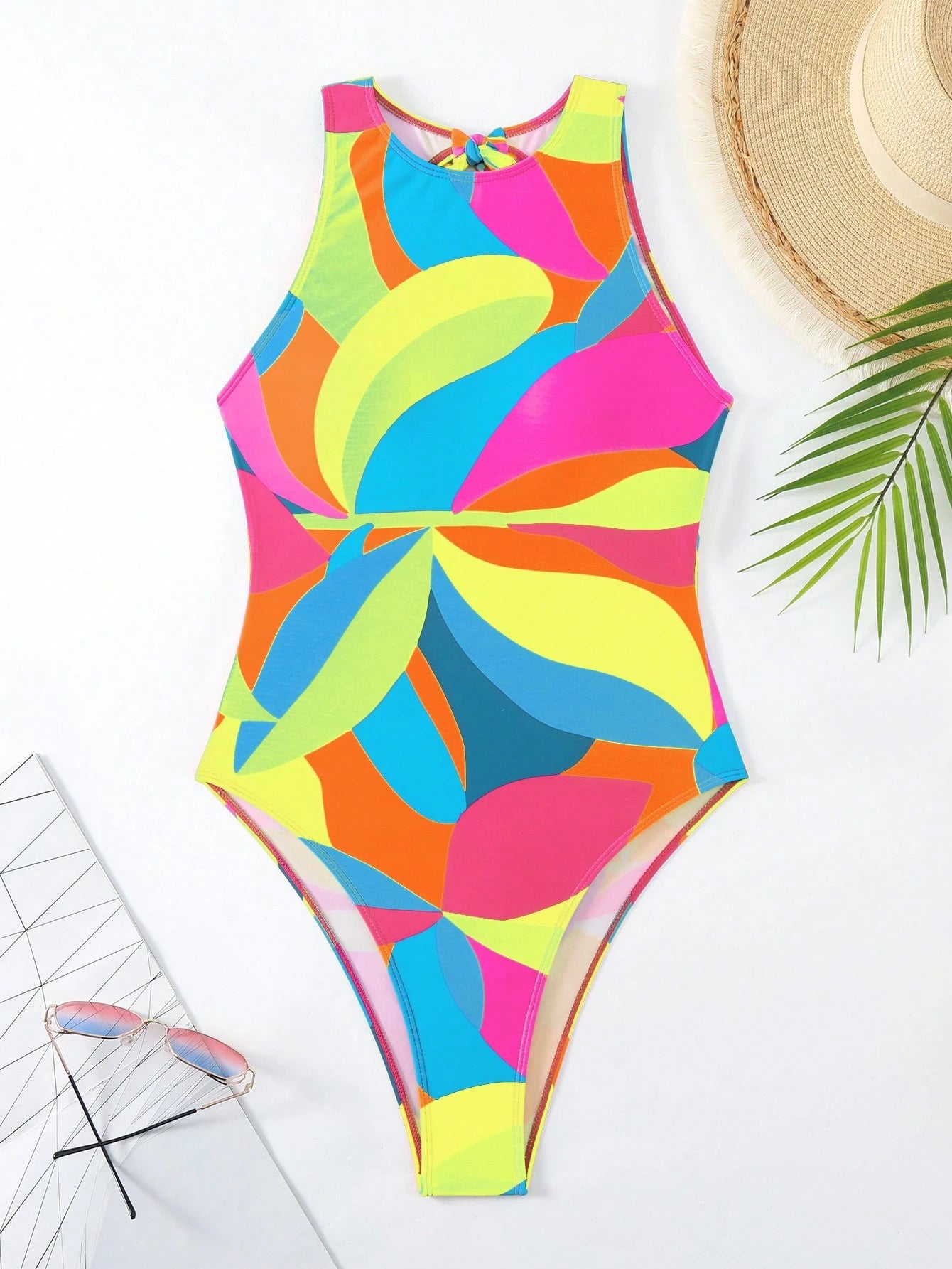 BamGleam Summer Beach Women One-Piece Beachwear Swimsuit With Random Printed Pattern, Backless And Tie Straps