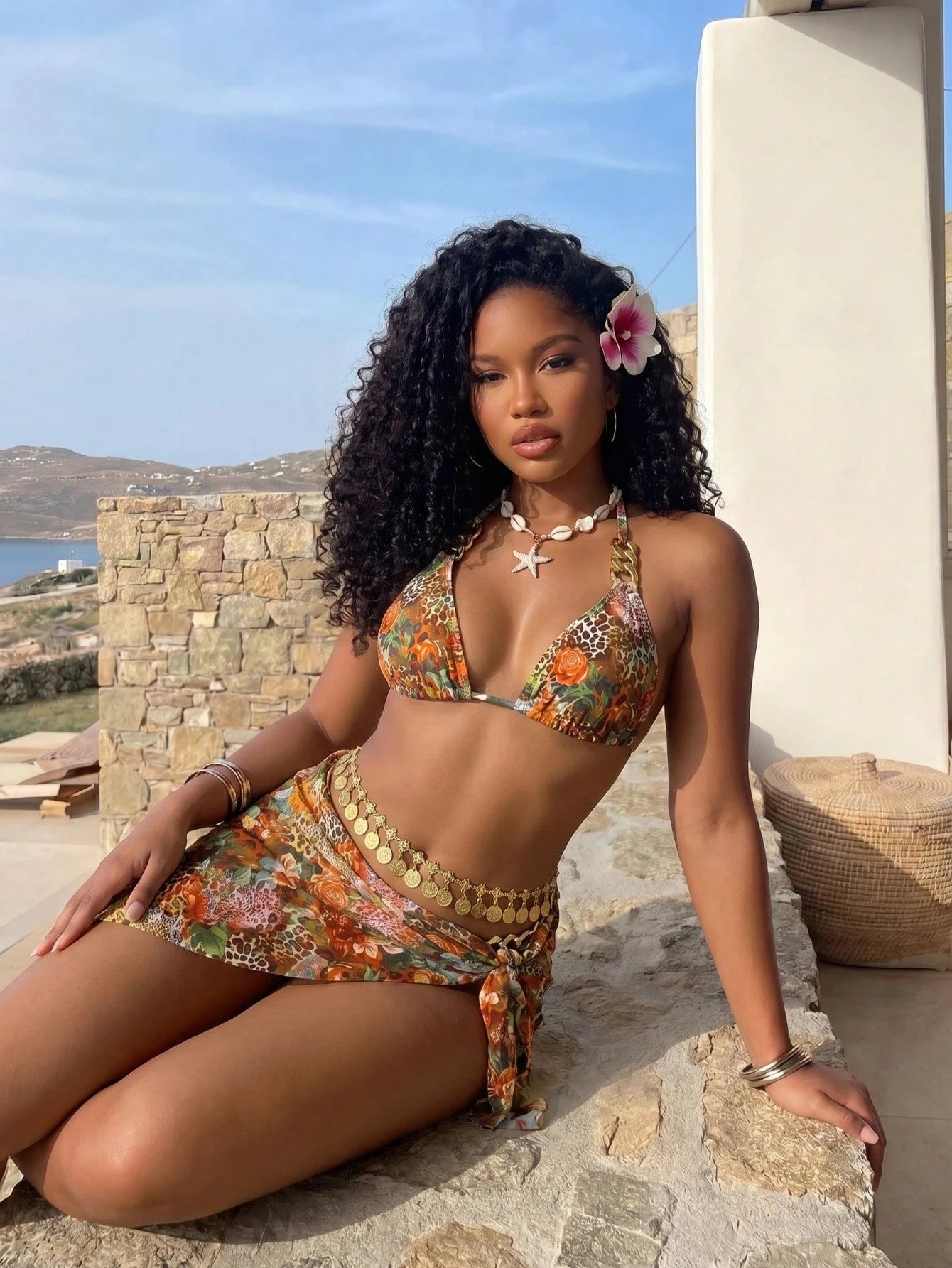 BamGleam Women's 3-Piece Swimwear Set: Floral & Leopard Print Chain Halter Backless Mini Dress, Sexy Beach Holiday Outfit Vacation Summer