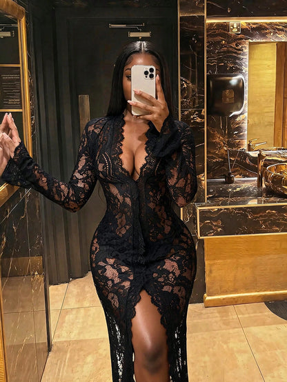 BamGleam Women's Elegant Sheer Lace Patchwork Black Floral Long Sleeve Dress,Autumn Party Dress,Shiny Glitter New Year's Eve Outfit For Ladies