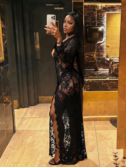 BamGleam Women's Elegant Sheer Lace Patchwork Black Floral Long Sleeve Dress,Autumn Party Dress,Shiny Glitter New Year's Eve Outfit For Ladies