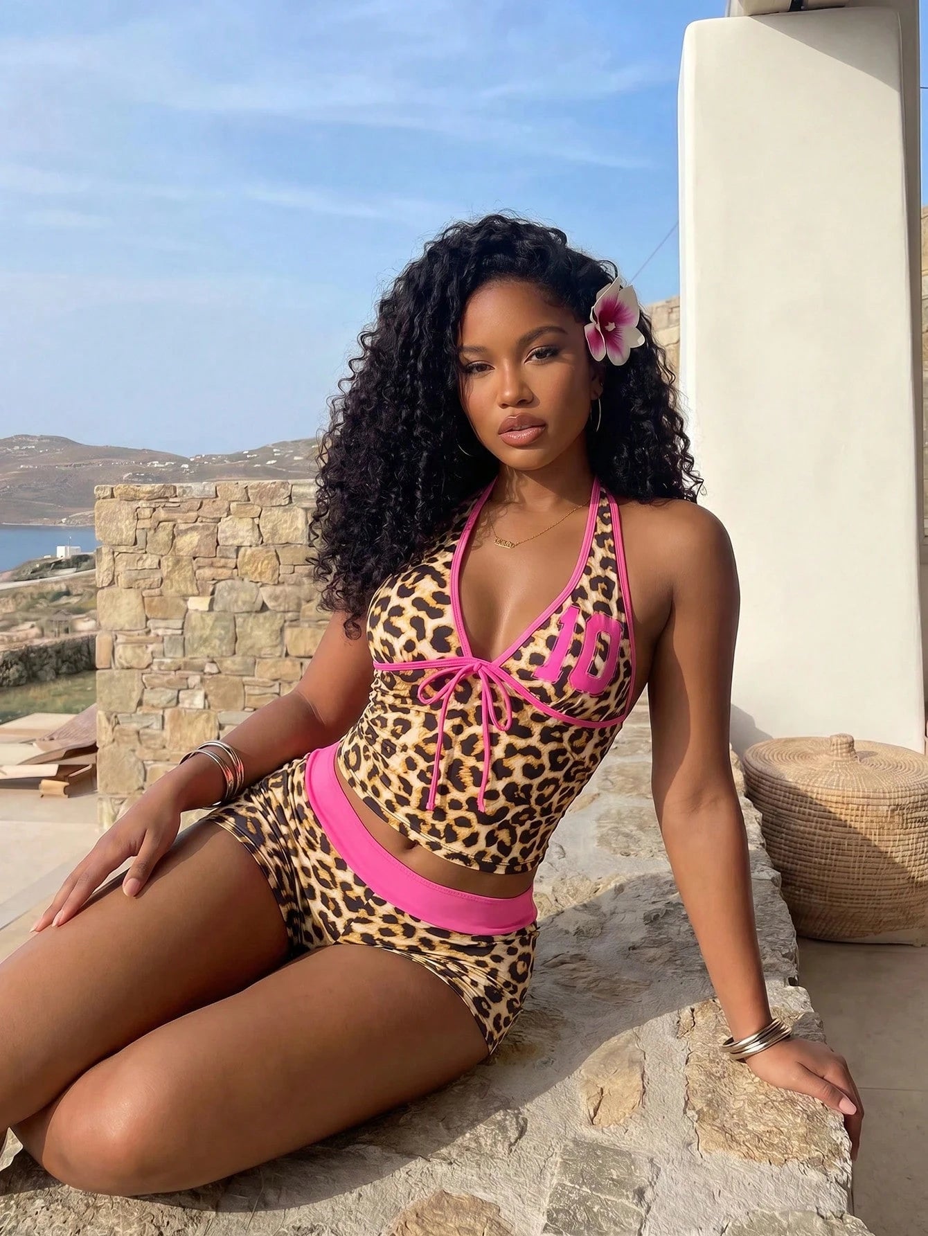 BamGleam Women's Sexy Leopard Cheetah Print Halter Tankini Two Piece Swimsuit Animal Print Swin Wear Club Outfits Cheeky Shorts Bold Color Block Festival Look Pool Party Y2K Contrast Binding Beach Wea