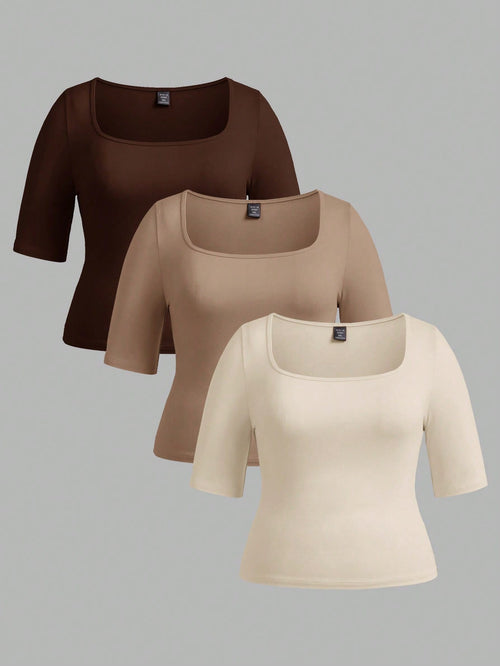 BASICS 3pcs/Set Casual Smart Casual Solid Color Knit Square Neck Short Sleeve Fitted Plus Size T-Shirts House Khaki Pastel Summer Tops Formal Holiday