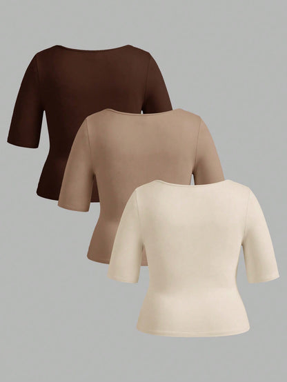 BASICS 3pcs/Set Casual Smart Casual Solid Color Knit Square Neck Short Sleeve Fitted Plus Size T-Shirts House Khaki Pastel Summer Tops Formal Holiday