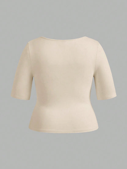 BASICS 3pcs/Set Casual Smart Casual Solid Color Knit Square Neck Short Sleeve Fitted Plus Size T-Shirts House Khaki Pastel Summer Tops Formal Holiday