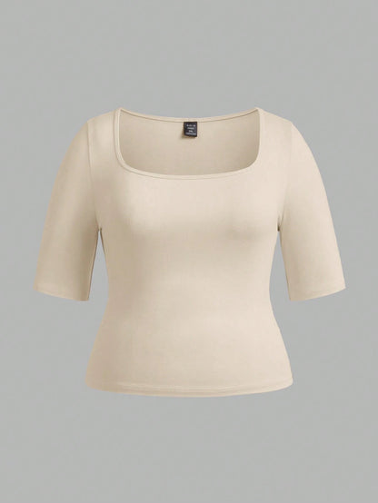 BASICS 3pcs/Set Casual Smart Casual Solid Color Knit Square Neck Short Sleeve Fitted Plus Size T-Shirts House Khaki Pastel Summer Tops Formal Holiday