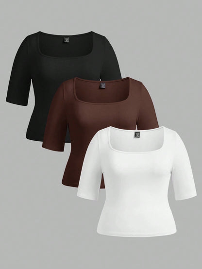 BASICS 3pcs/Set Casual Smart Casual Solid Color Knit Square Neck Short Sleeve Slim Fit Plus Size T-Shirts Holiday For Women Black White Summer Tops