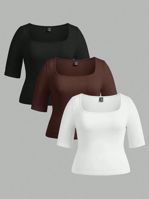 BASICS 3pcs/Set Casual Smart Casual Solid Color Knit Square Neck Short Sleeve Slim Fit Plus Size T-Shirts Holiday For Women Black White Summer Tops