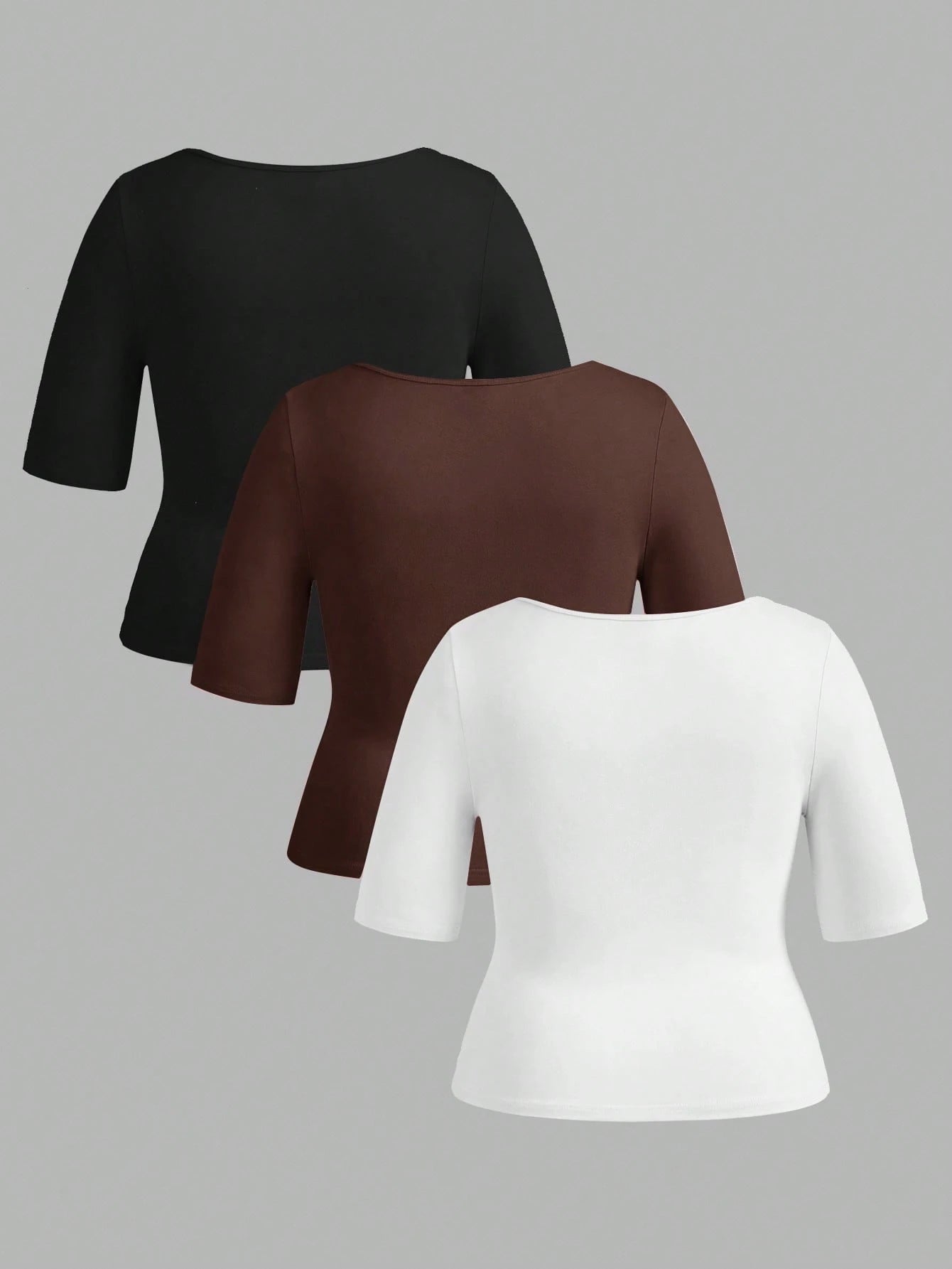 BASICS 3pcs/Set Casual Smart Casual Solid Color Knit Square Neck Short Sleeve Slim Fit Plus Size T-Shirts Holiday For Women Black White Summer Tops