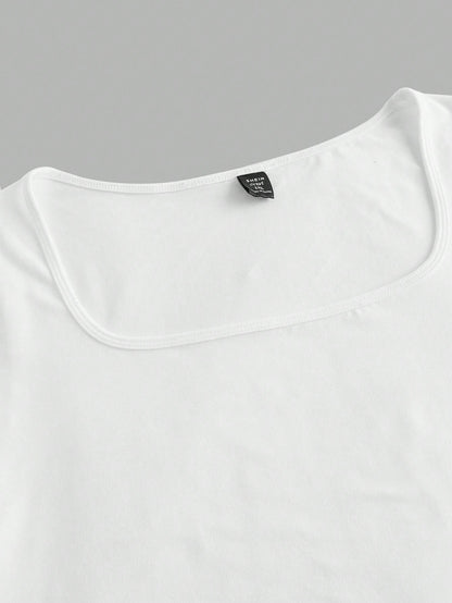 BASICS 3pcs/Set Casual Smart Casual Solid Color Knit Square Neck Short Sleeve Slim Fit Plus Size T-Shirts Holiday For Women Black White Summer Tops