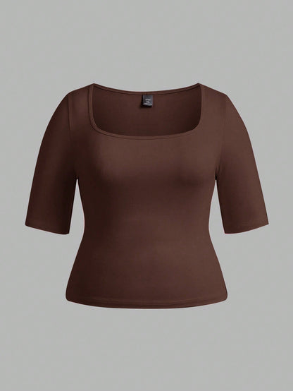 BASICS 3pcs/Set Casual Smart Casual Solid Color Knit Square Neck Short Sleeve Slim Fit Plus Size T-Shirts Holiday For Women Black White Summer Tops