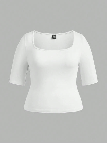 BASICS 3pcs/Set Casual Smart Casual Solid Color Knit Square Neck Short Sleeve Slim Fit Plus Size T-Shirts Holiday For Women Black White Summer Tops