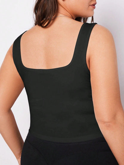 BASICS Plus Size Women Solid Color Casual Versatile Daily Wear Push Up Crop Tanktop Shapewear Tight Fitting Everyday Black Summer Tops Office