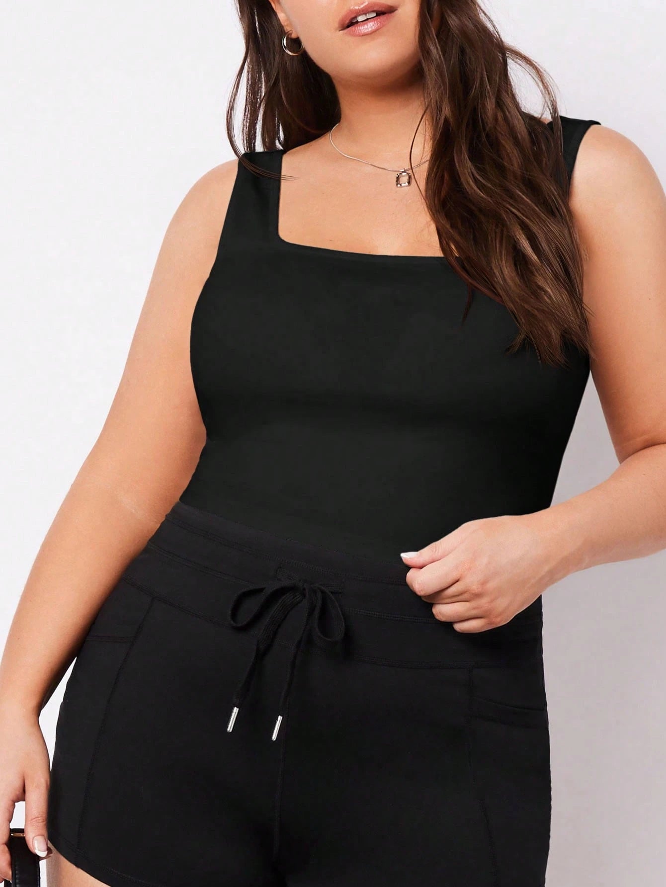 BASICS Plus Size Women Solid Color Casual Versatile Daily Wear Push Up Crop Tanktop Shapewear Tight Fitting Everyday Black Summer Tops Office