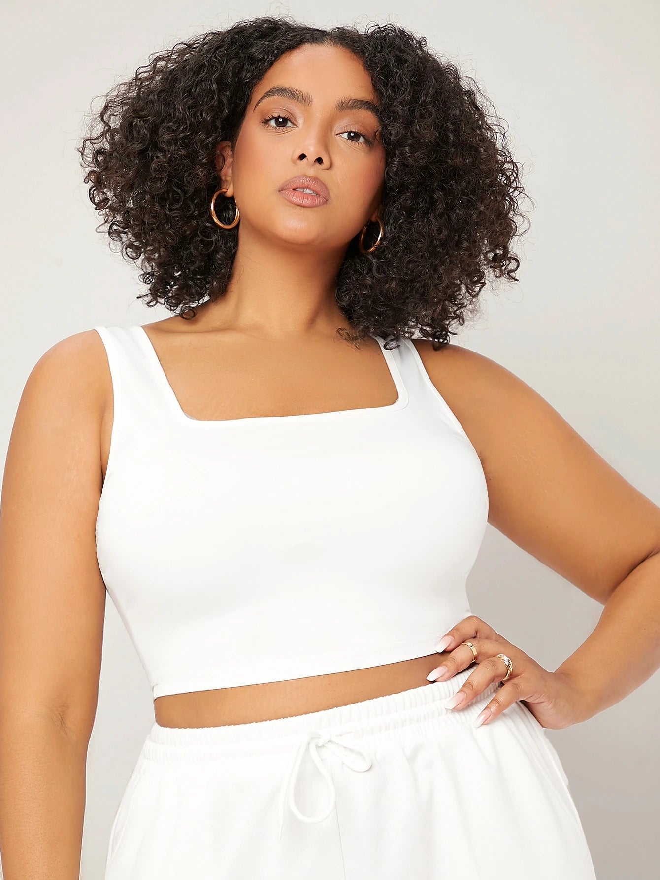 BASICS Plus Size Women Solid Color Casual Versatile Daily Wear Push Up Crop Tanktop Shapewear Tight Fitting Everyday Black Summer Tops Office