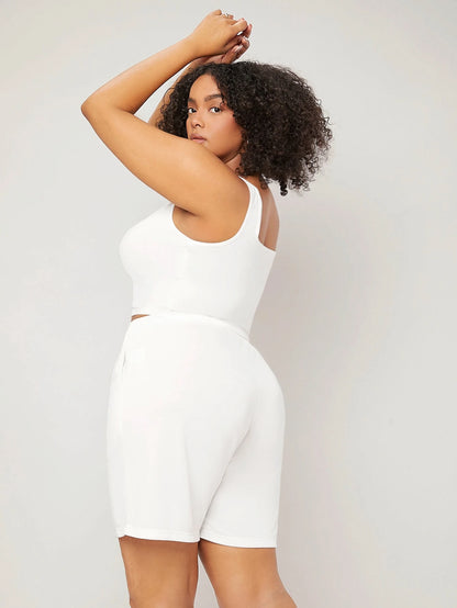 BASICS Plus Size Women Solid Color Casual Versatile Daily Wear Push Up Crop Tanktop Shapewear Tight Fitting Everyday Black Summer Tops Office