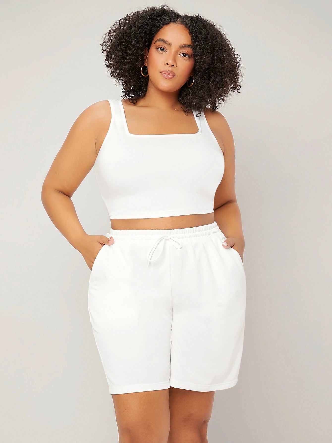 BASICS Plus Size Women Solid Color Casual Versatile Daily Wear Push Up Crop Tanktop Shapewear Tight Fitting Everyday Black Summer Tops Office