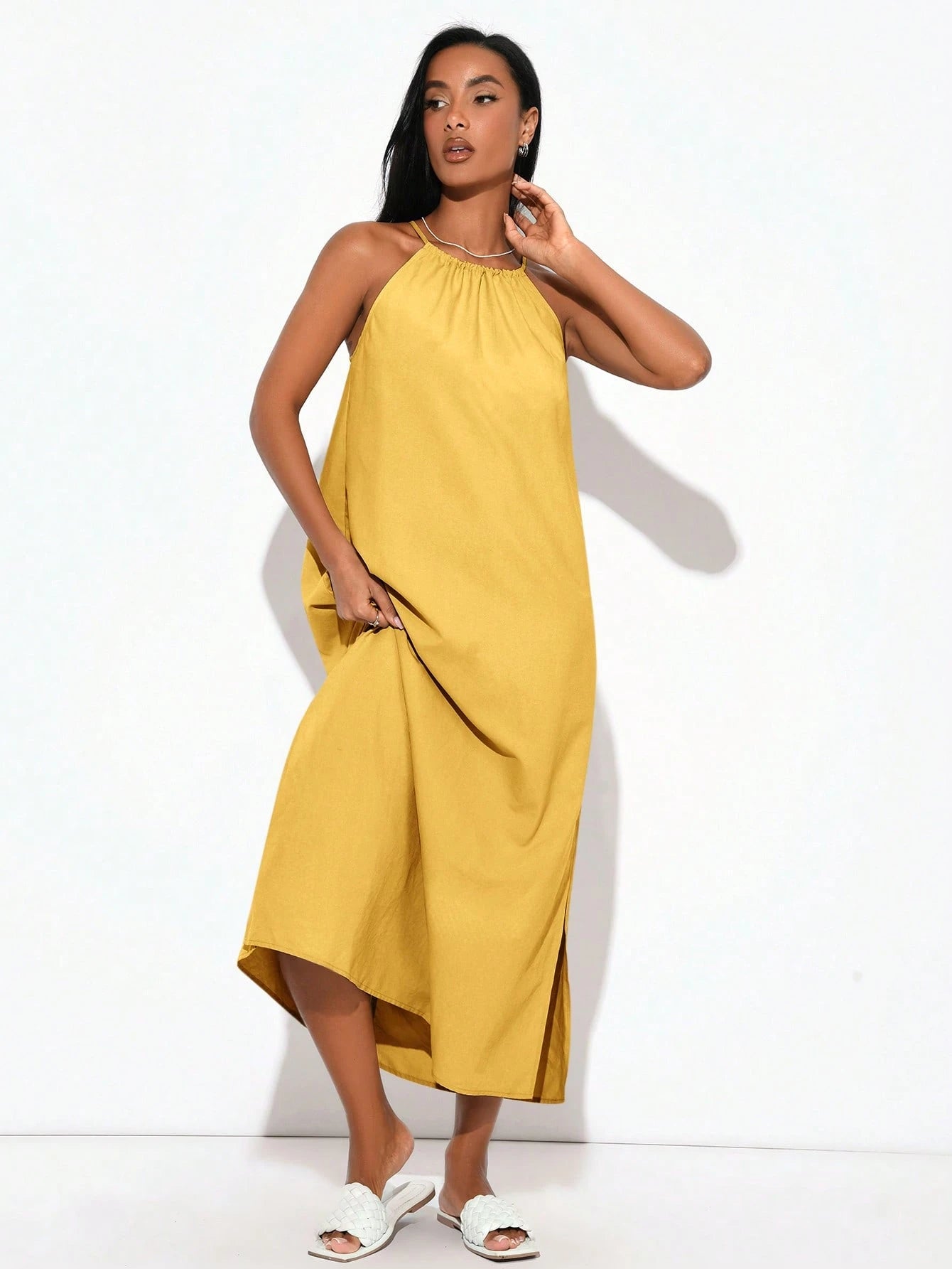 BASICS Women Woven Halter Neck Side Slit Dress Yellow Summer Dress Summer Clothes
