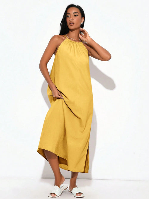 BASICS Women Woven Halter Neck Side Slit Dress Yellow Summer Dress Summer Clothes