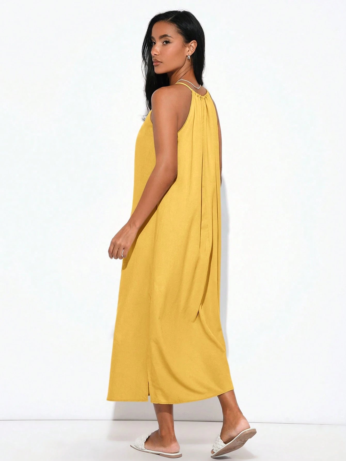 BASICS Women Woven Halter Neck Side Slit Dress Yellow Summer Dress Summer Clothes
