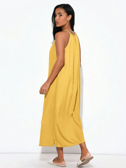 BASICS Women Woven Halter Neck Side Slit Dress Yellow Summer Dress Summer Clothes