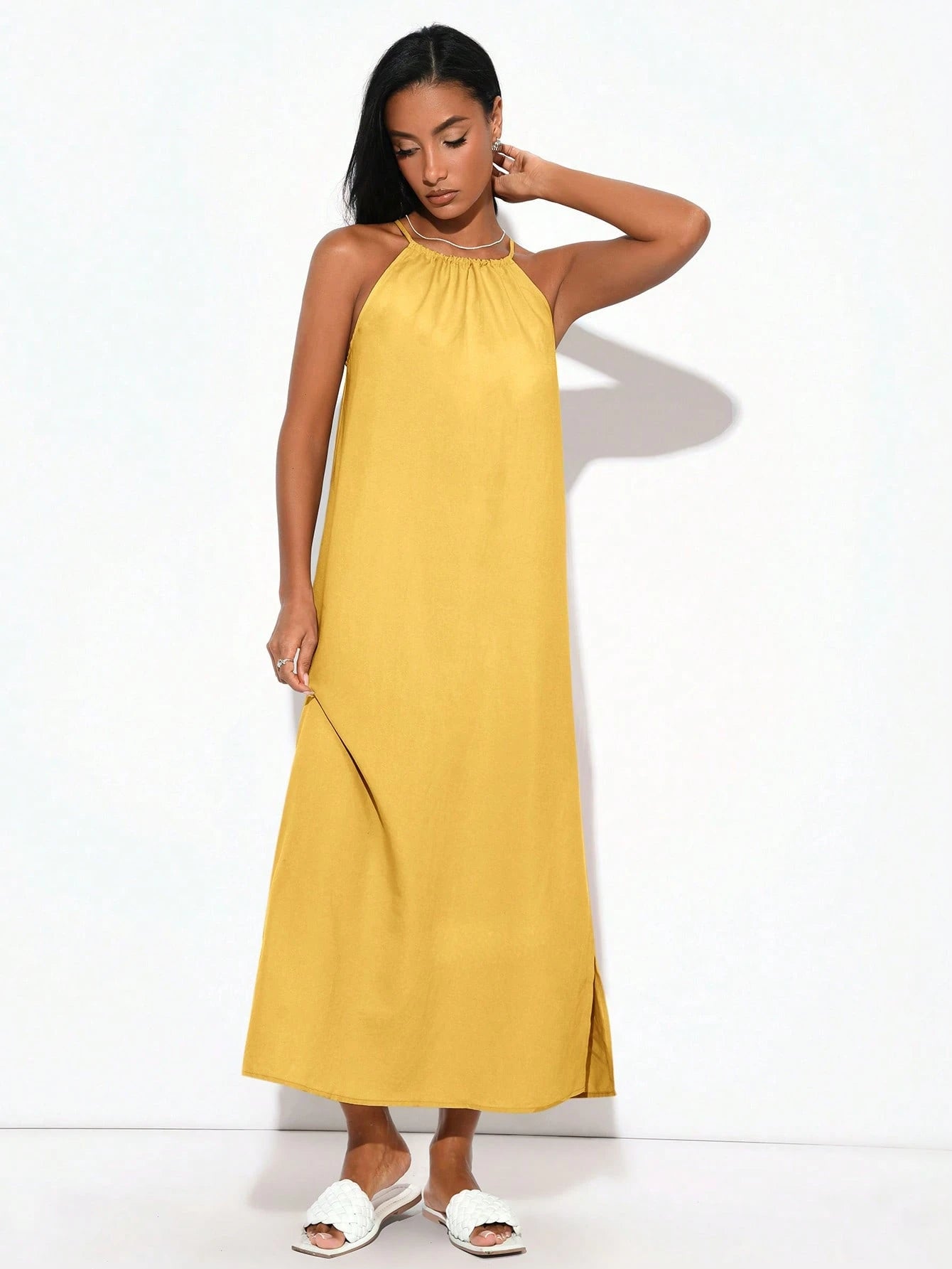 BASICS Women Woven Halter Neck Side Slit Dress Yellow Summer Dress Summer Clothes