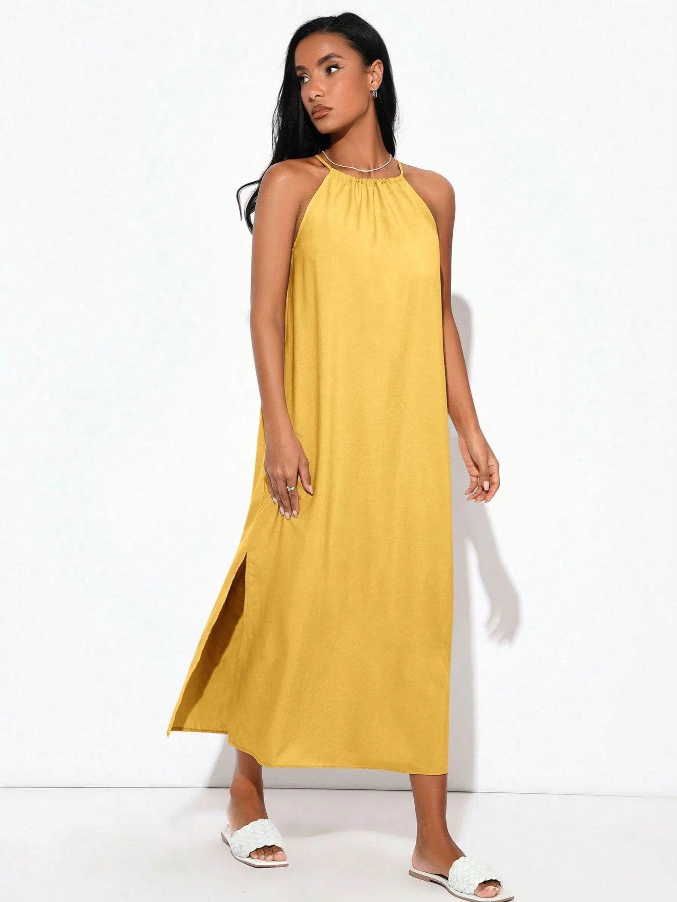 BASICS Women Woven Halter Neck Side Slit Dress Yellow Summer Dress Summer Clothes