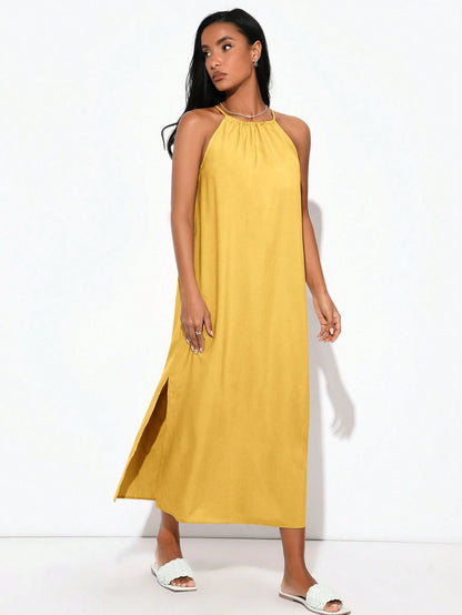 BASICS Women Woven Halter Neck Side Slit Dress Yellow Summer Dress Summer Clothes