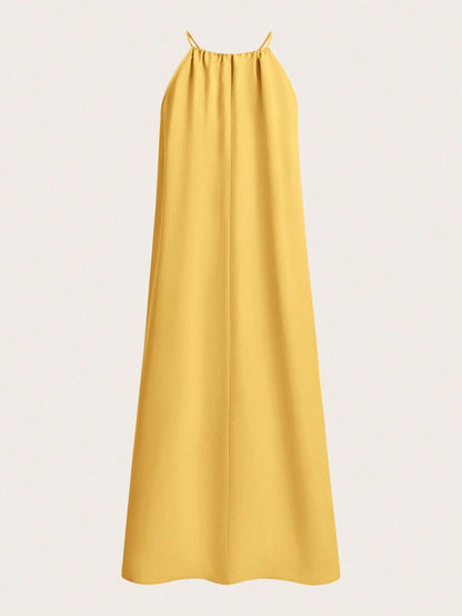 BASICS Women Woven Halter Neck Side Slit Dress Yellow Summer Dress Summer Clothes