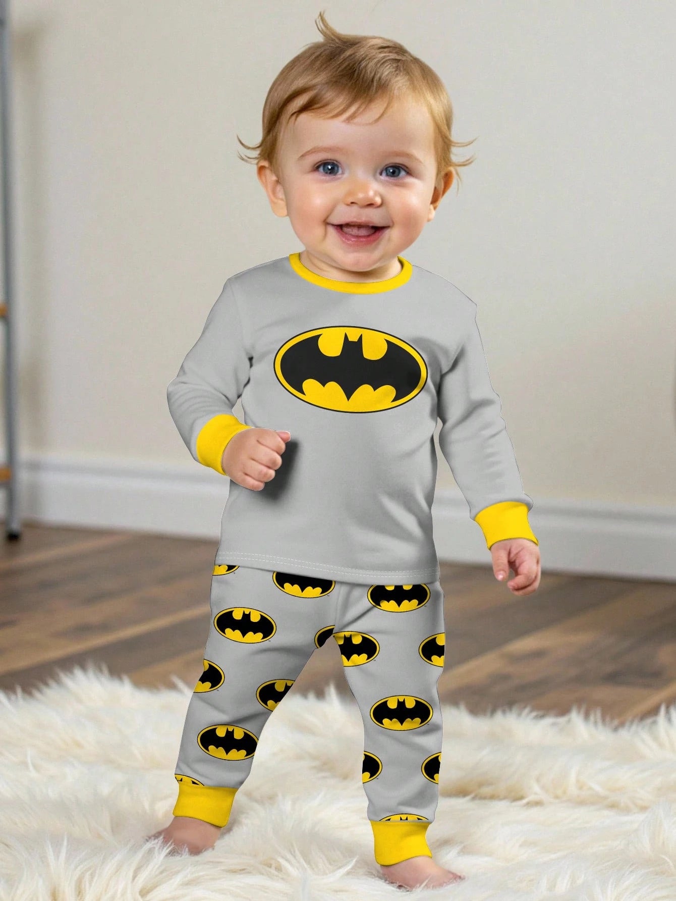 BATMAN X Baby Boy Cute Grey Lounge Pajamas Set,Classic Logo Pattern Color Clashing Long Sleeve Top&Pants,Snug Fit Autumn Loungewear For Fall,Winter,DC Fans